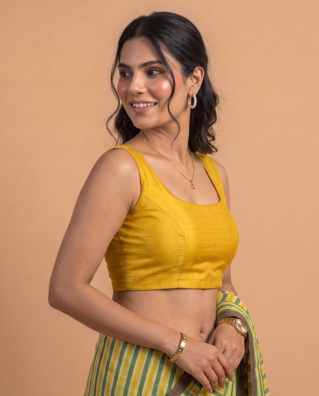 Yellow Art Silk U neck Sleeveless Readymade Blouse