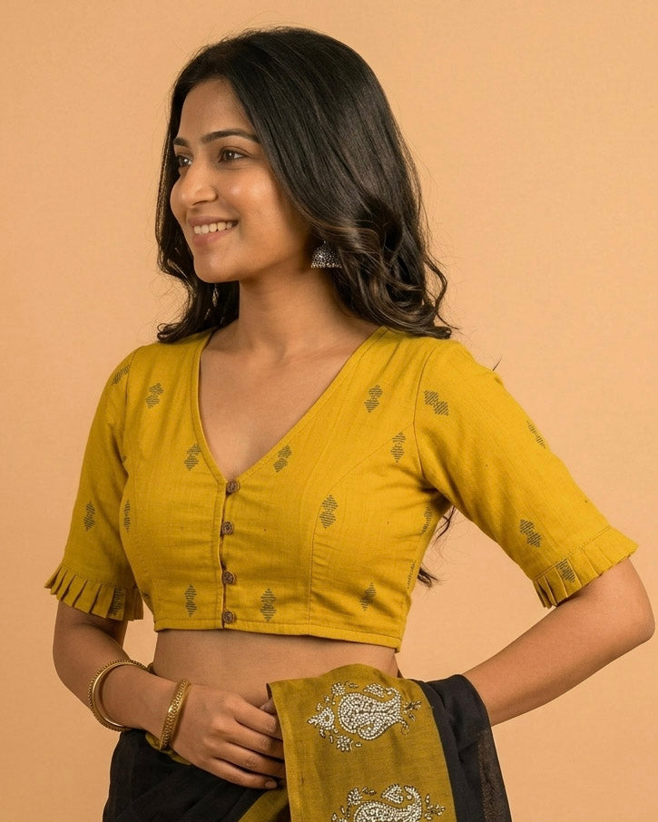 9AM button down blouse with elbow sleeve - Mustard Handwoven