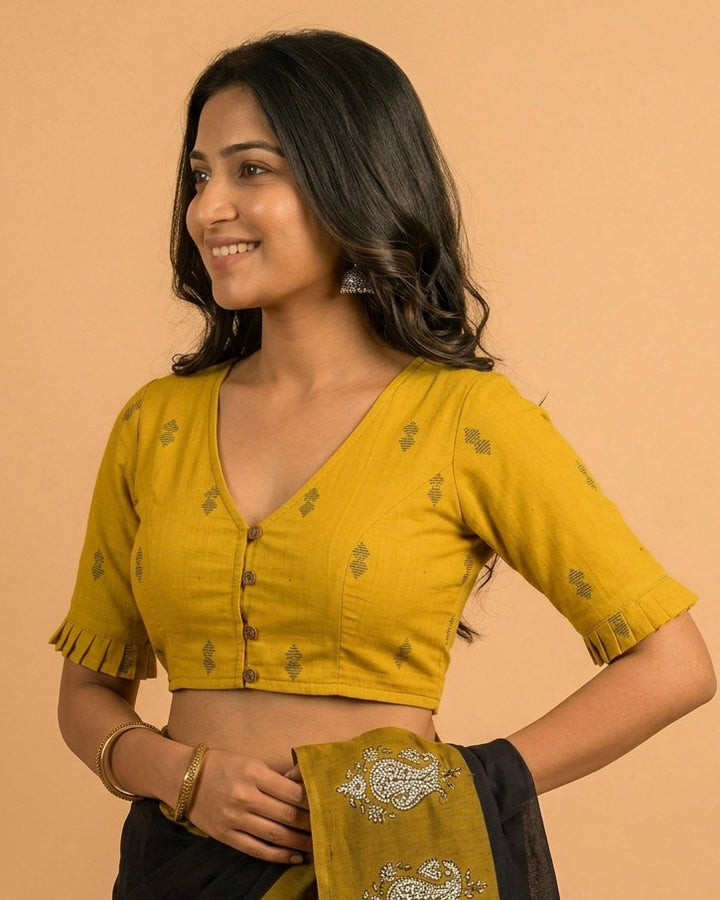 9AM button down blouse with elbow sleeve - Mustard Handwoven