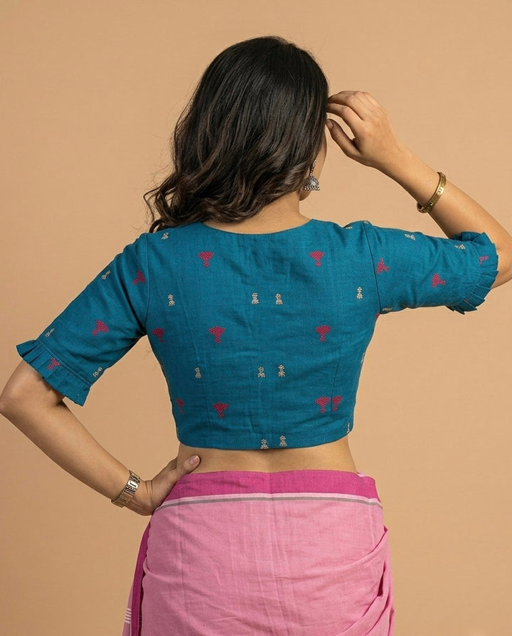 9AM button down blouse with elbow sleeve - Blue Handwoven