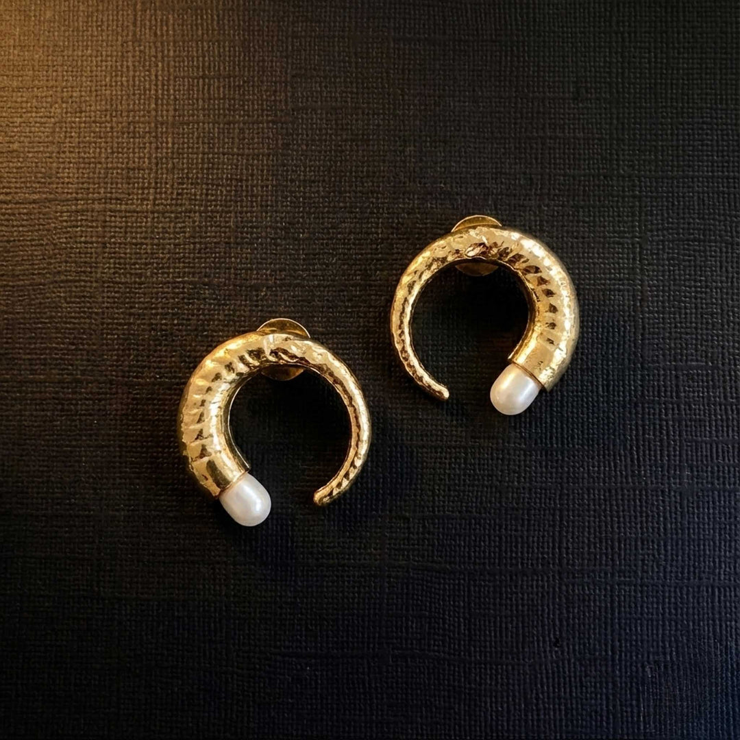Pearl Crescent Studs 18k Gold Plated Earrings