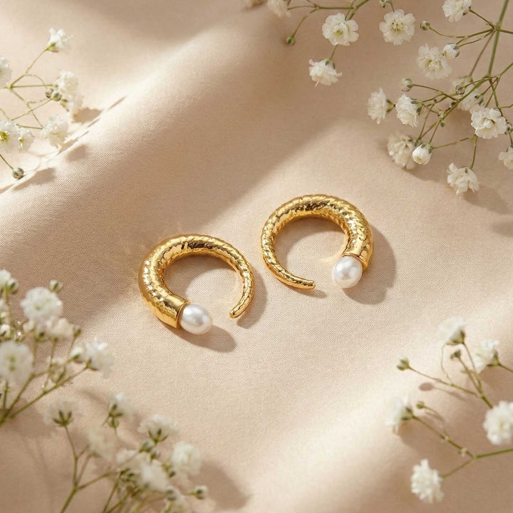 Pearl Crescent Studs 18k Gold Plated Earrings