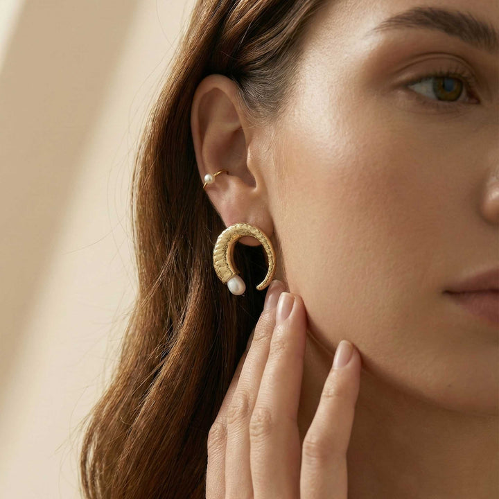 Pearl Crescent Studs 18k Gold Plated Earrings