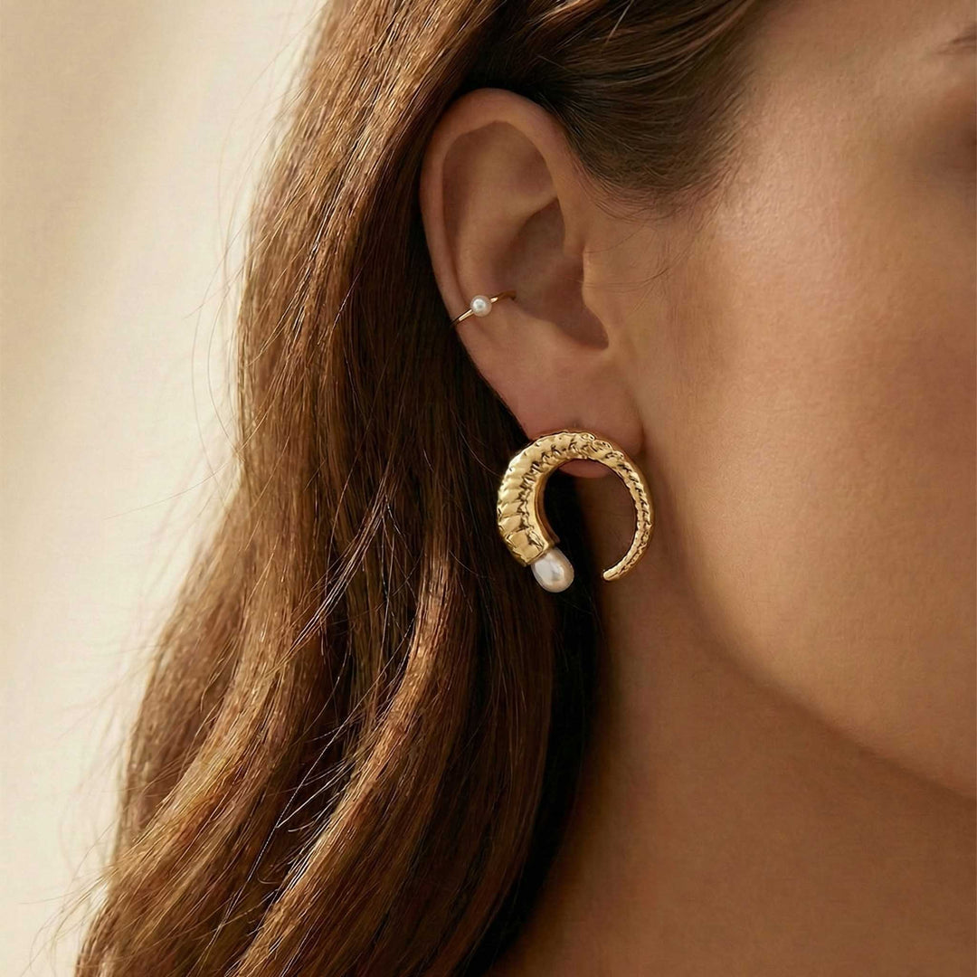 Pearl Crescent Studs 18k Gold Plated Earrings