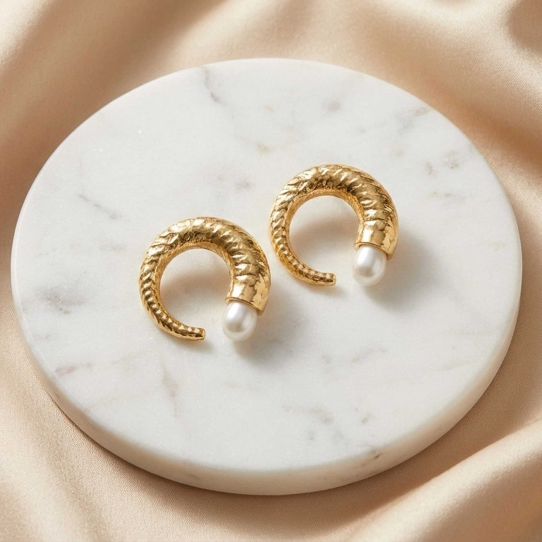Pearl Crescent Studs 18k Gold Plated Earrings