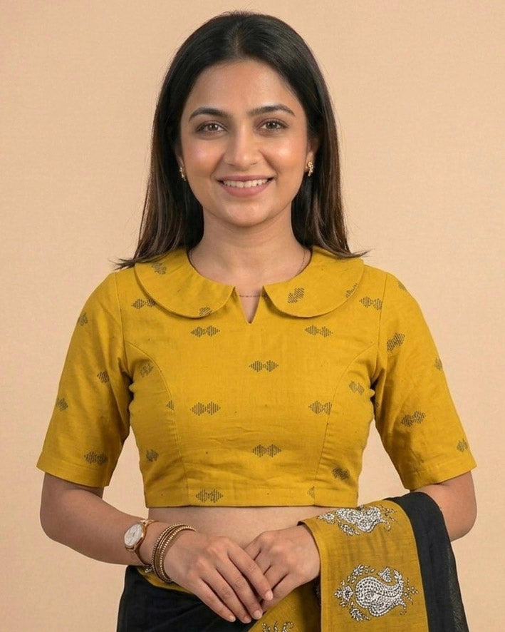 Timeless Handwoven Blouse with Peter Pan Collar - Mustard