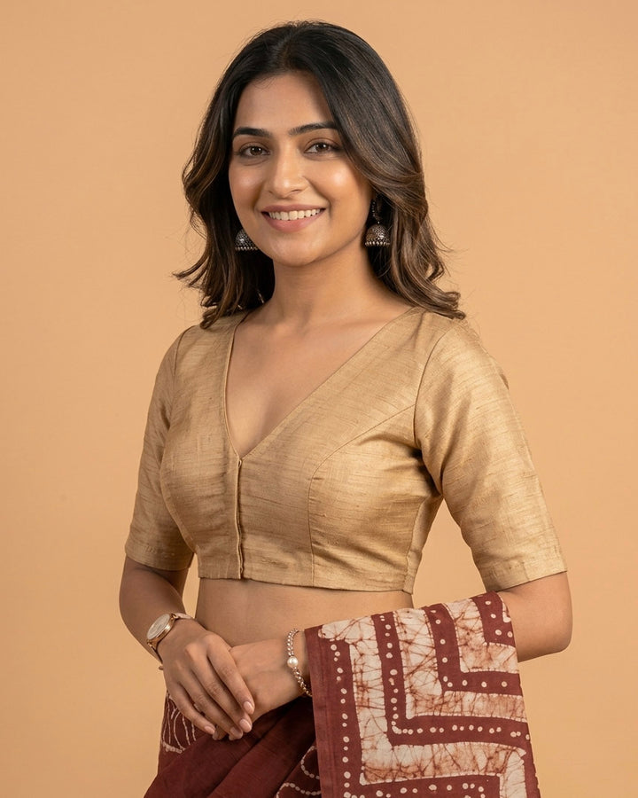 Sangini V neck Art Silk Blouse with Elbow Sleeves - Beige