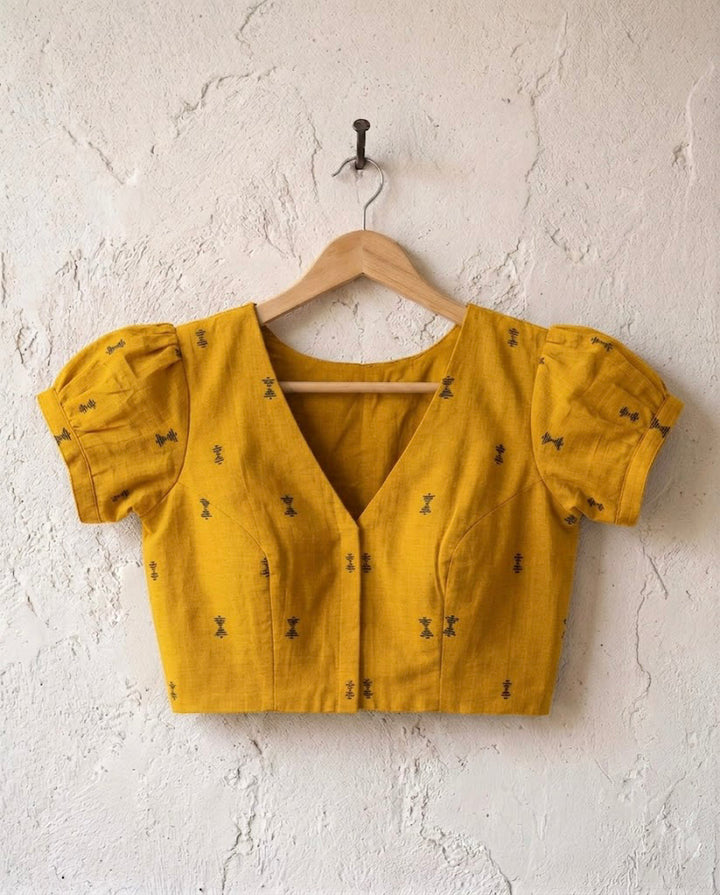 Subtle days V-neck Mustard Blouse with Puff Sleeves
