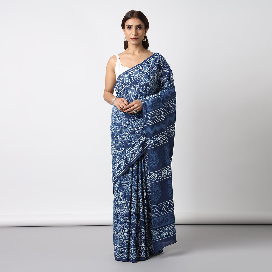 Indigo Illusion - Hand Block Print Mulmul Cotton Bagru Saree