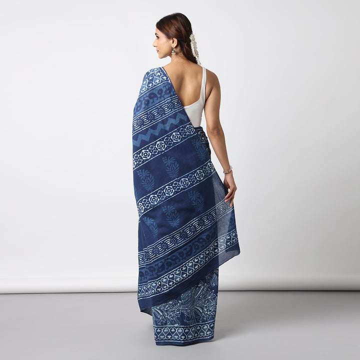 Indigo Illusion - Hand Block Print Mulmul Cotton Bagru Saree