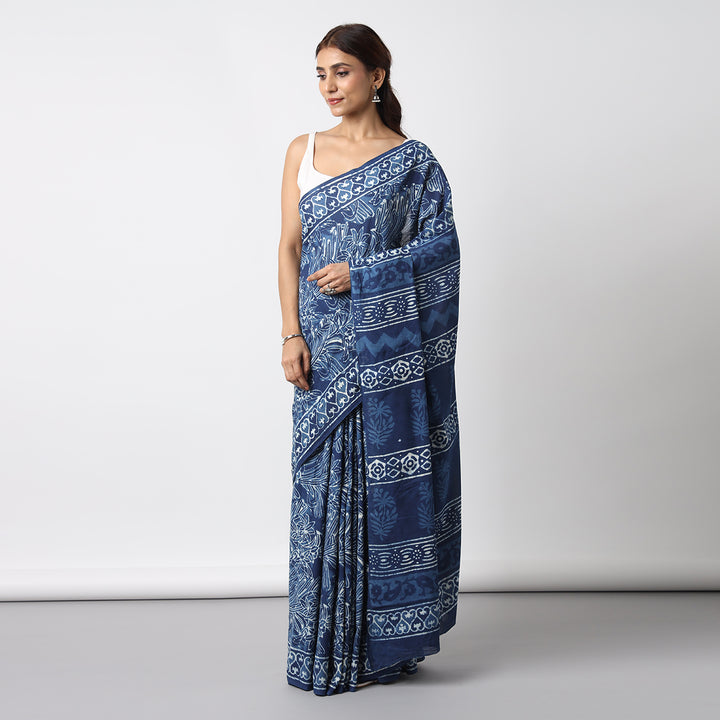 Indigo Illusion - Hand Block Print Mulmul Cotton Bagru Saree