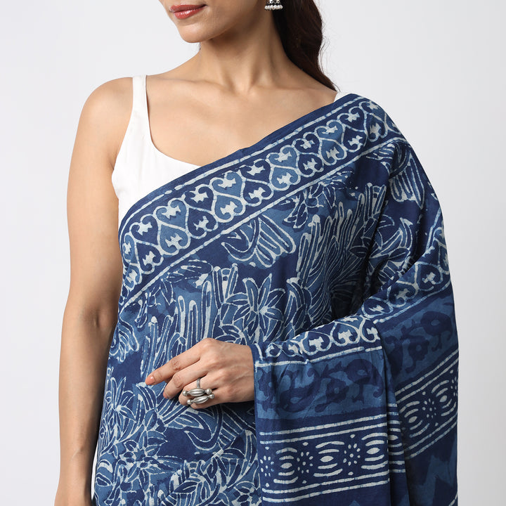 Indigo Illusion - Hand Block Print Mulmul Cotton Bagru Saree