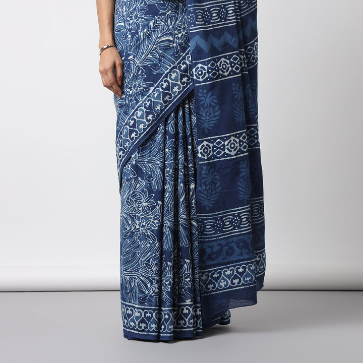 Indigo Illusion - Hand Block Print Mulmul Cotton Bagru Saree