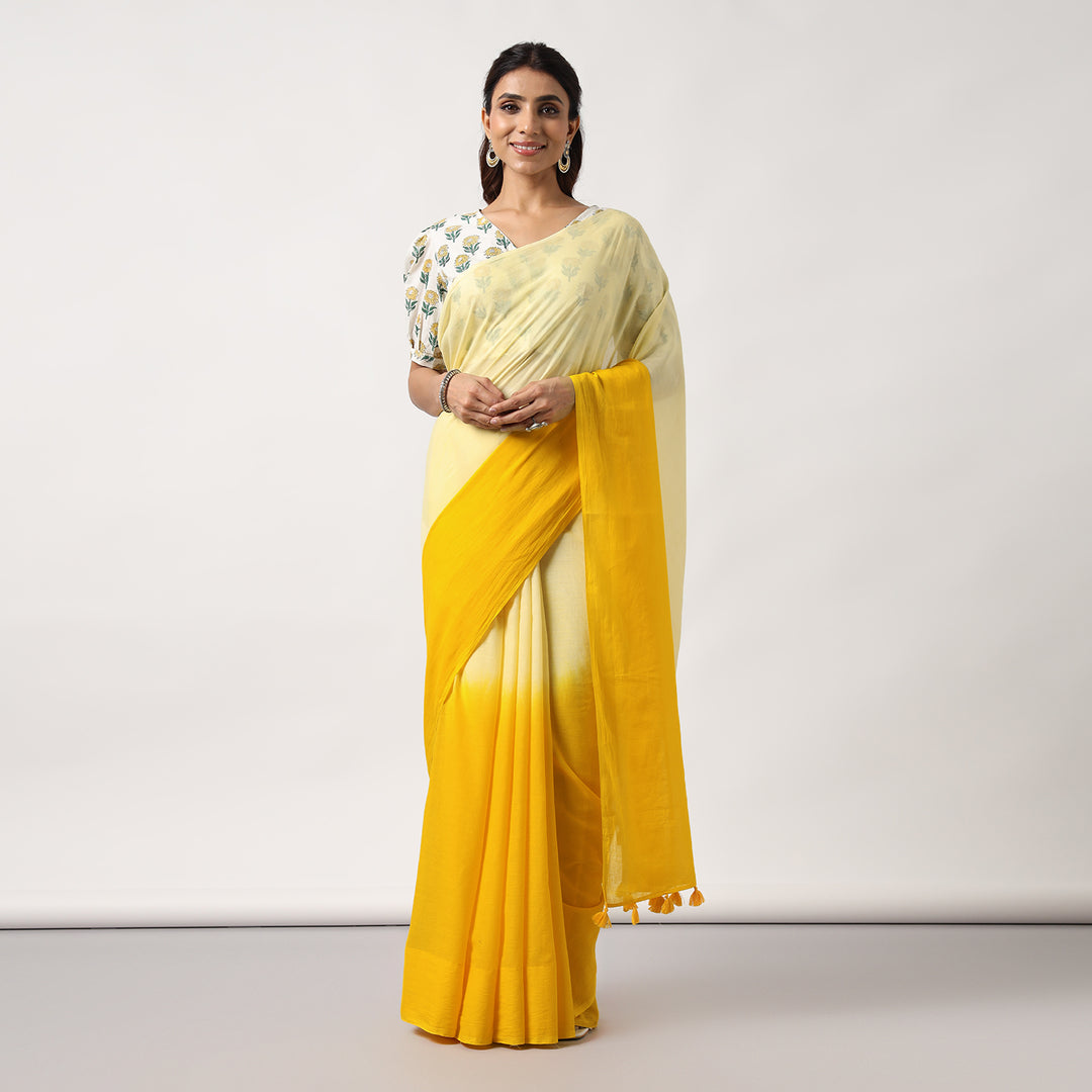 Golden Hour - Yellow Ombre Hand Dyed Mulmul Cotton Saree