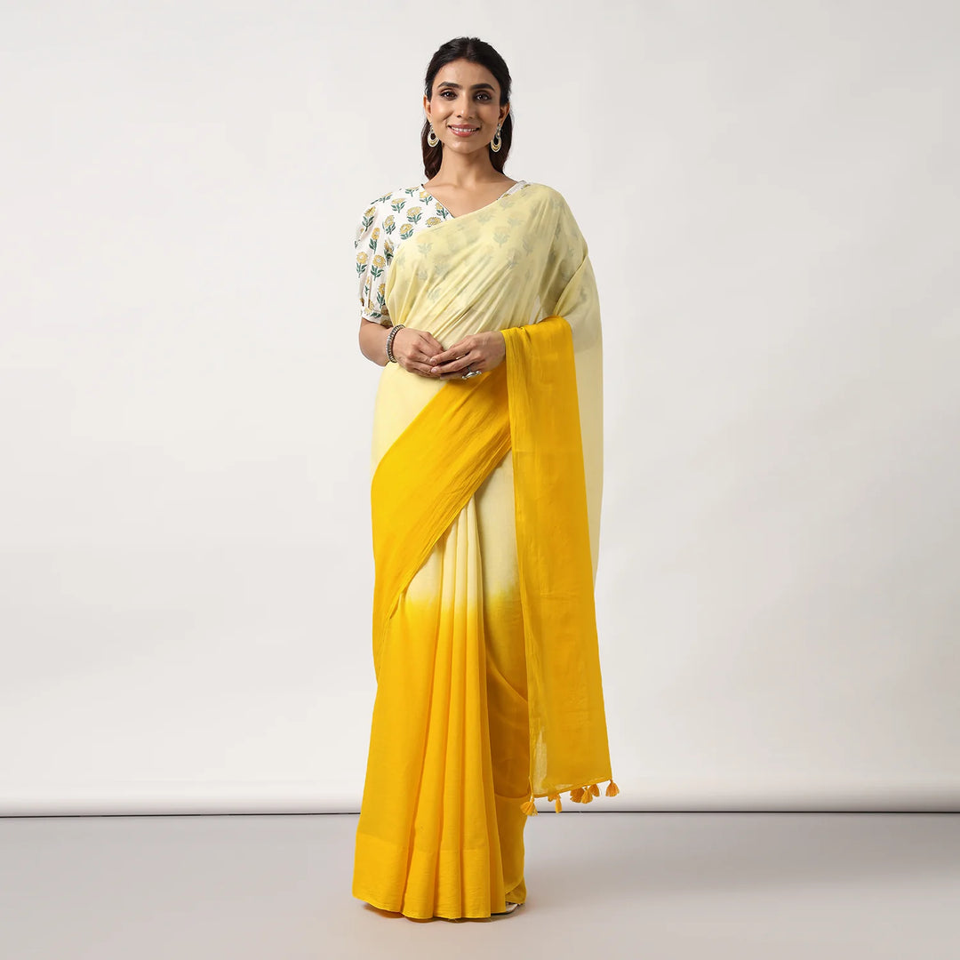 Golden hour - Mulmul Cotton Pre-stitched Ready to Wear Saree with Pocket