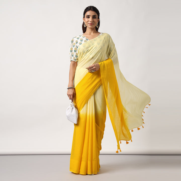 Golden Hour - Yellow Ombre Hand Dyed Mulmul Cotton Saree