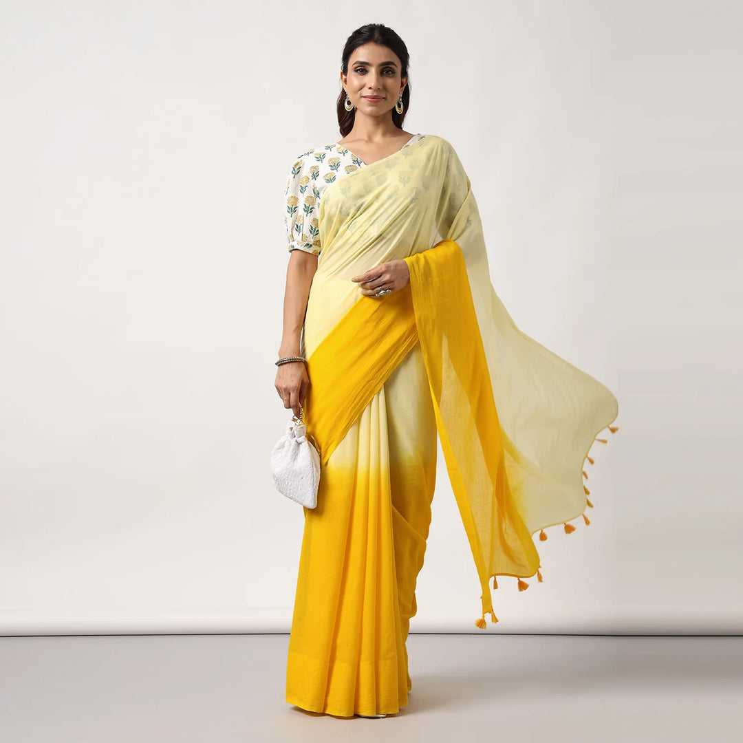 Golden hour - Mulmul Cotton Pre-stitched Ready to Wear Saree with Pocket