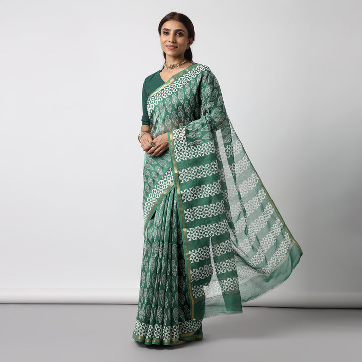 Moora Saree | Green | Hand Block Printed | Chanderi Cotton Silk | Sage Affair