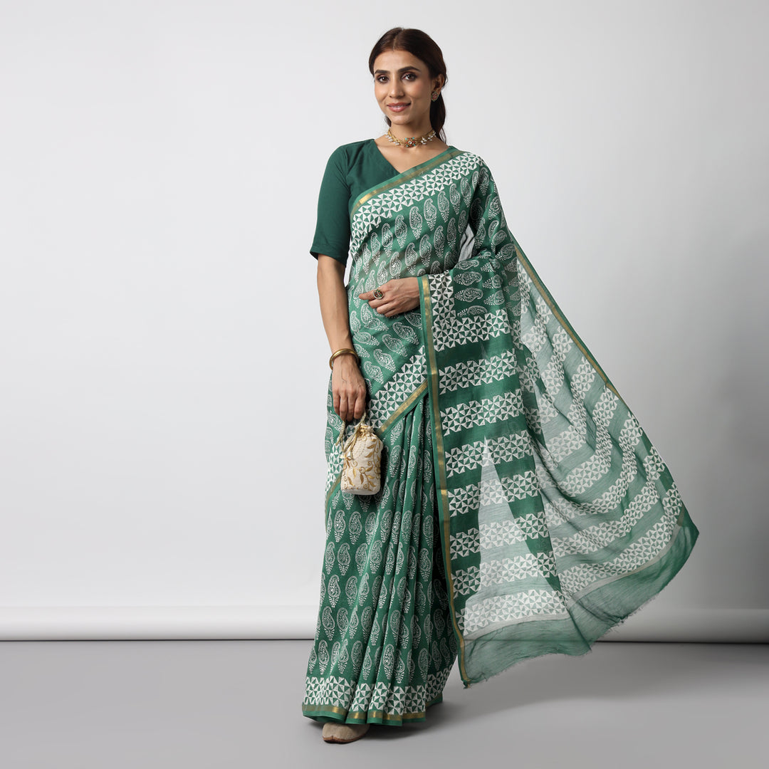 Moora Saree | Green | Hand Block Printed | Chanderi Cotton Silk | Sage Affair