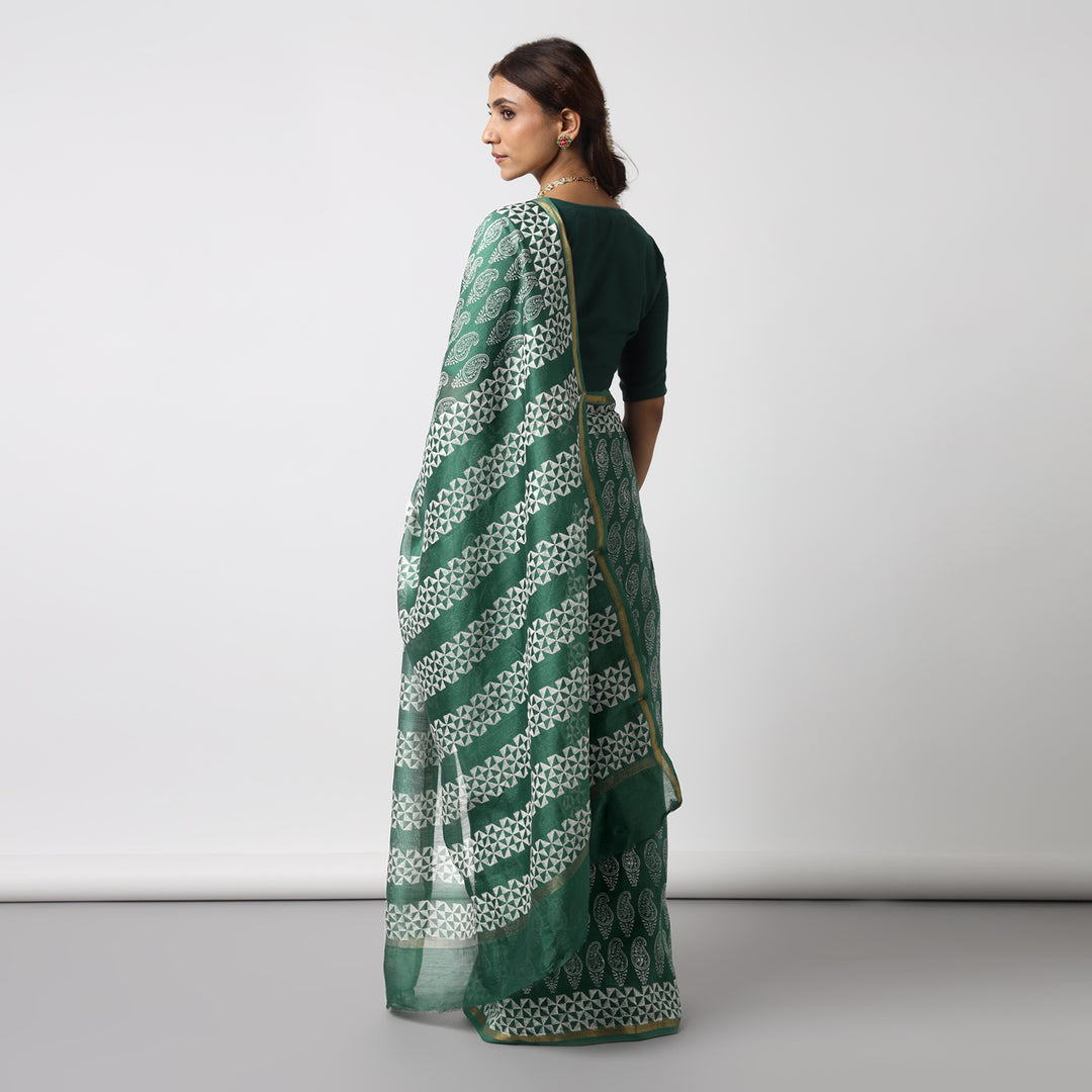 Moora Saree | Green | Hand Block Printed | Chanderi Cotton Silk | Sage Affair