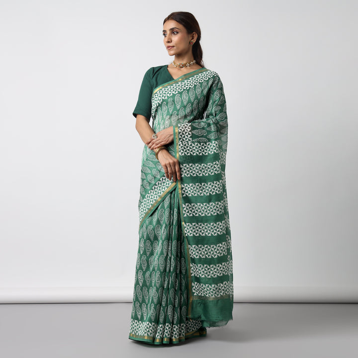 Moora Saree | Green | Hand Block Printed | Chanderi Cotton Silk | Sage Affair