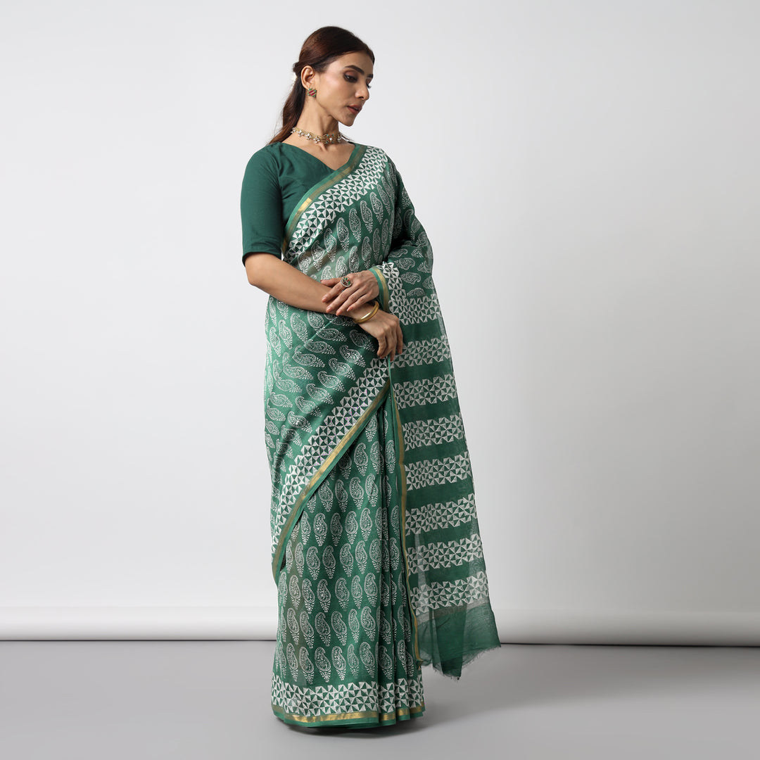 Moora Saree | Green | Hand Block Printed | Chanderi Cotton Silk | Sage Affair