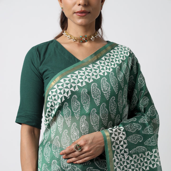 Moora Saree | Green | Hand Block Printed | Chanderi Cotton Silk | Sage Affair