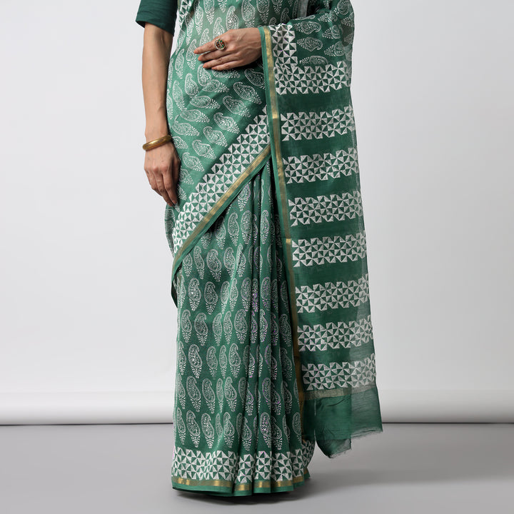 Moora Saree | Green | Hand Block Printed | Chanderi Cotton Silk | Sage Affair