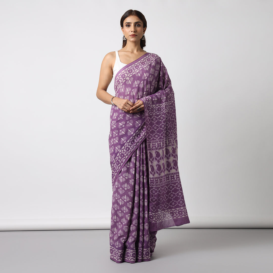 Wild Violet - Dabu Hand Block Print Mulmul Cotton Bagru Saree