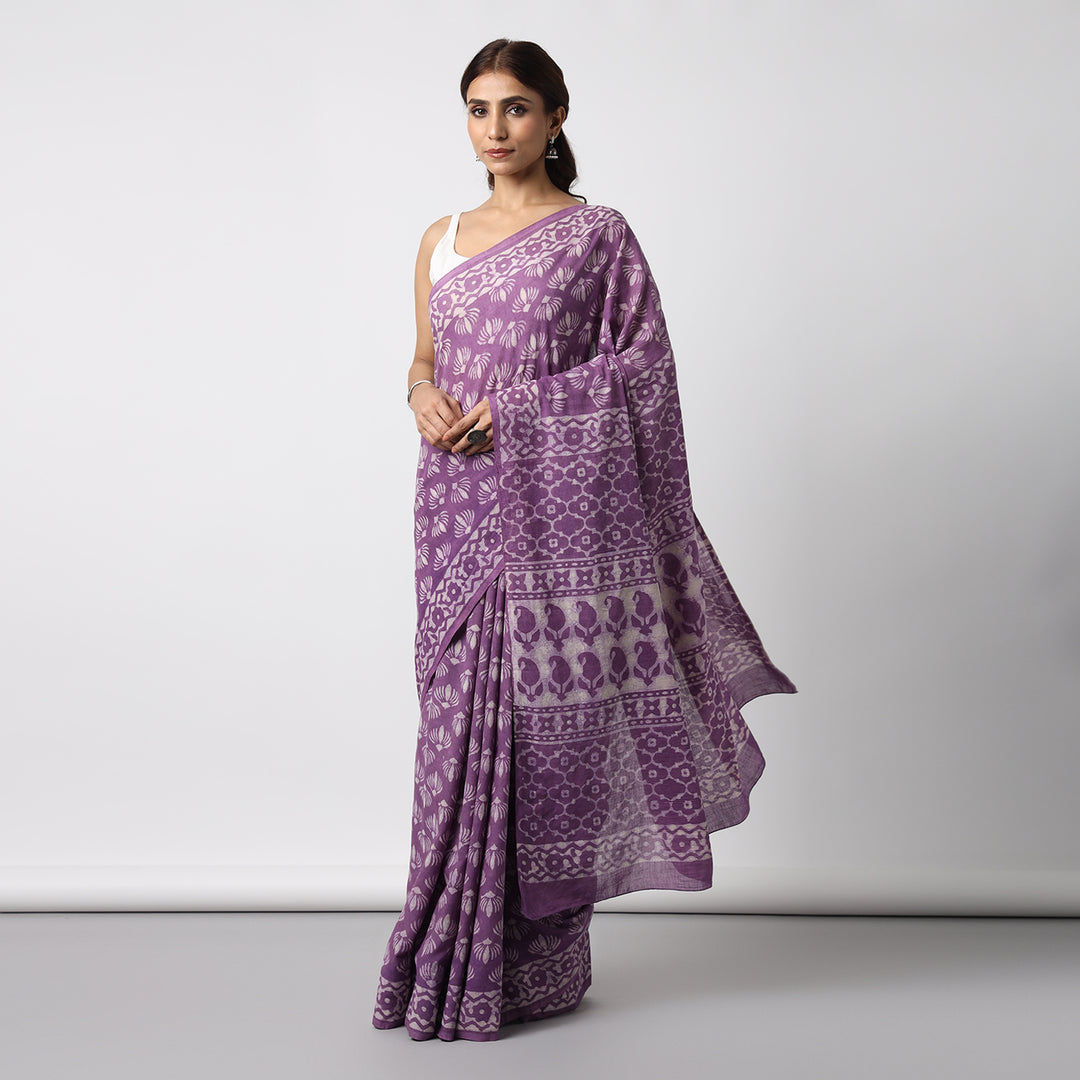 Wild Violet - Dabu Hand Block Print Mulmul Cotton Bagru Saree