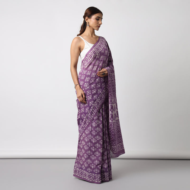 Wild Violet - Dabu Hand Block Print Mulmul Cotton Bagru Saree