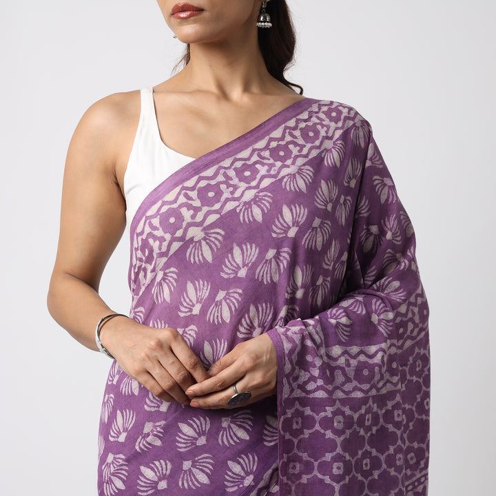 Wild Violet - Dabu Hand Block Print Mulmul Cotton Bagru Saree