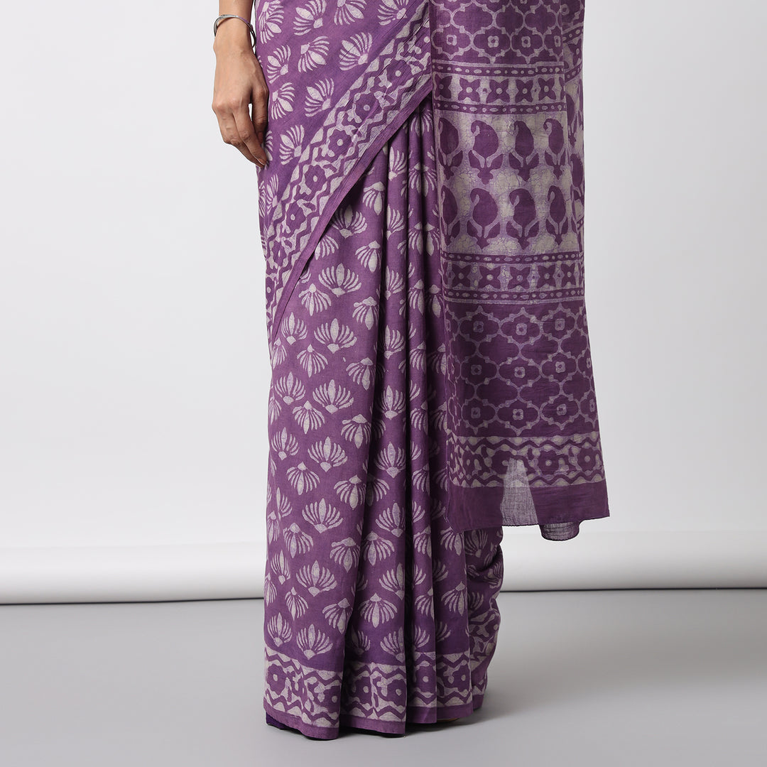 Wild Violet - Dabu Hand Block Print Mulmul Cotton Bagru Saree