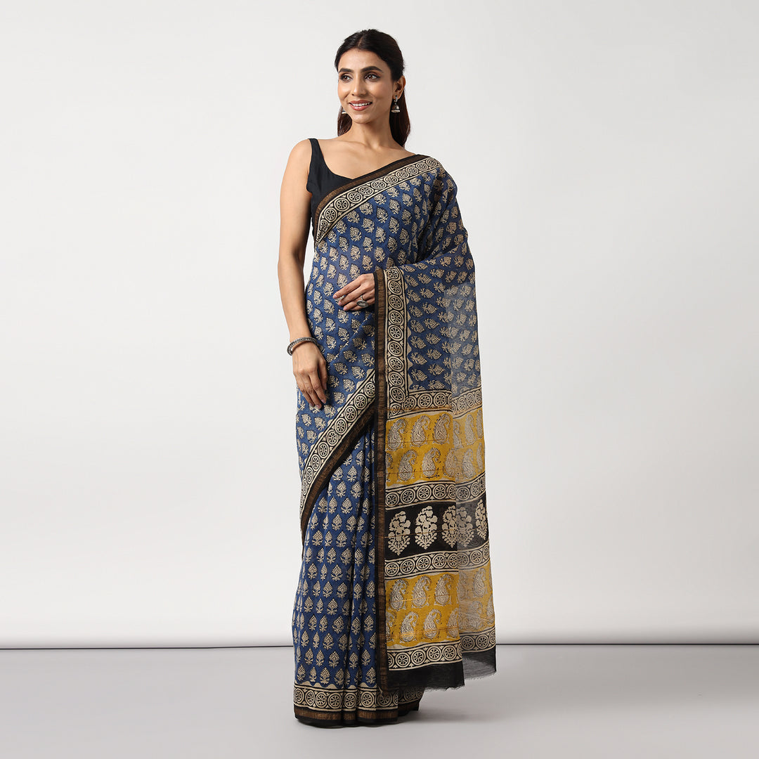 Timeless Blue - Hand Block Print Chanderi Silk Bagru Saree