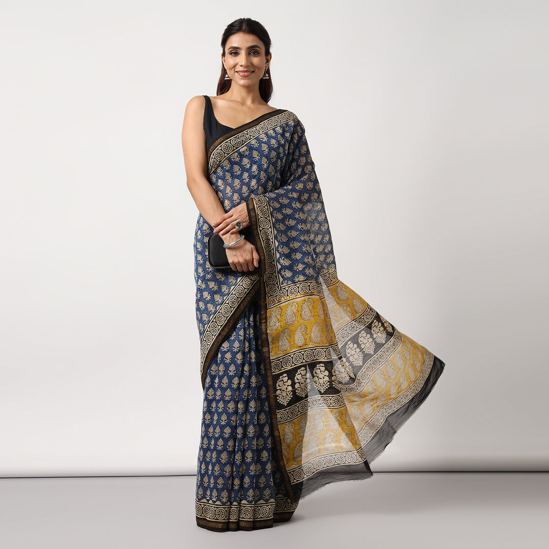 Timeless Blue - Hand Block Print Chanderi Silk Bagru Saree