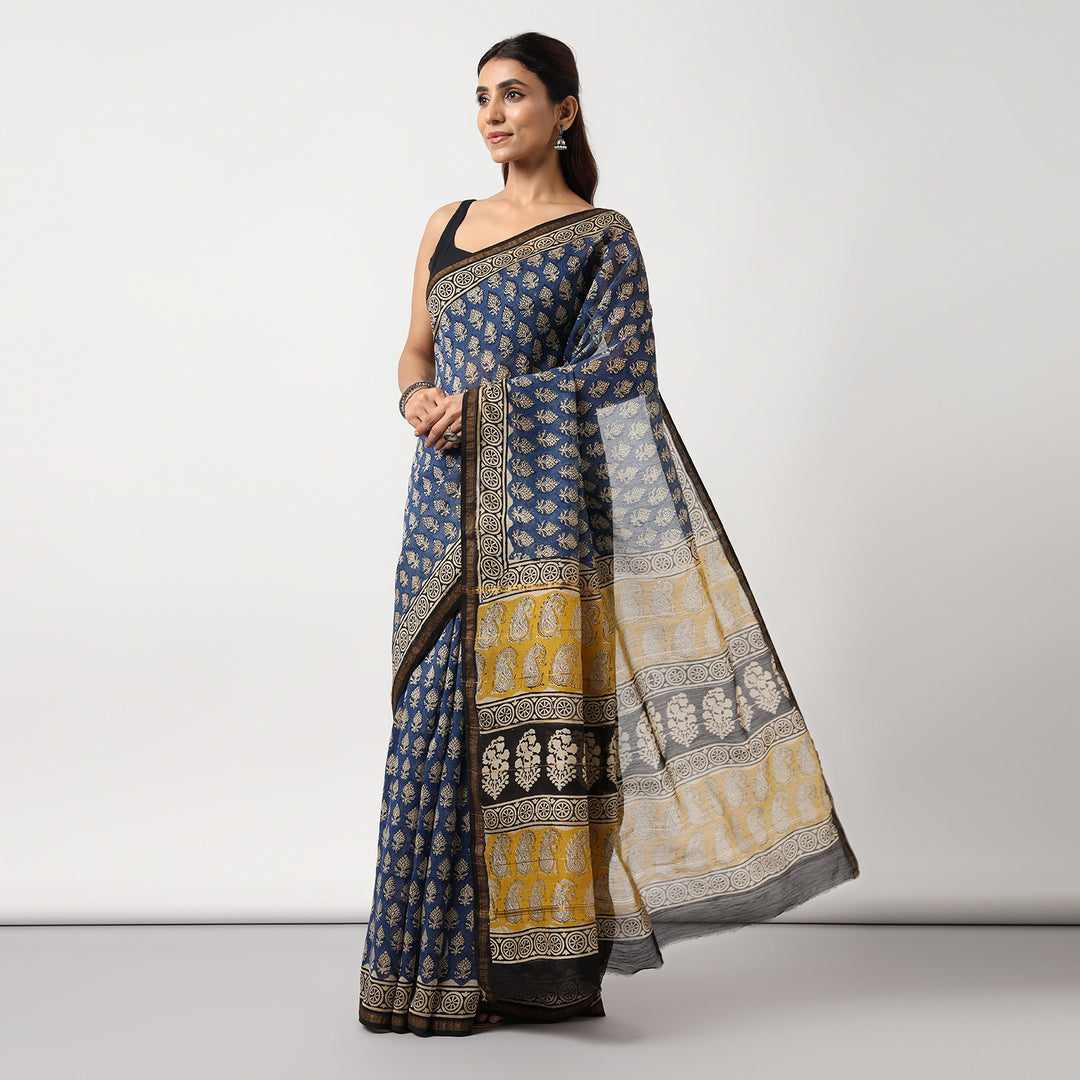 Timeless Blue - Hand Block Print Chanderi Silk Bagru Saree