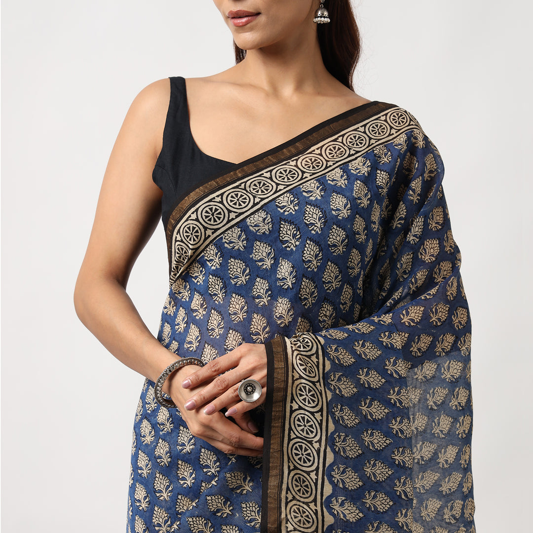 Timeless Blue - Hand Block Print Chanderi Silk Bagru Saree