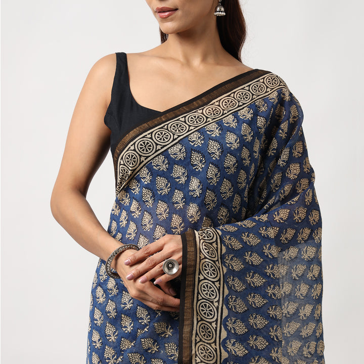 Timeless Blue - Hand Block Print Chanderi Silk Bagru Saree