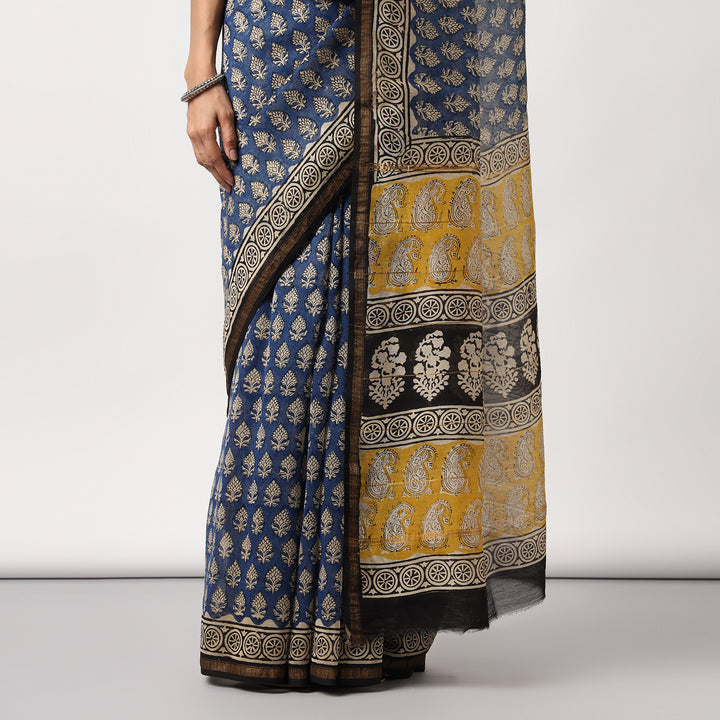 Timeless Blue - Hand Block Print Chanderi Silk Bagru Saree