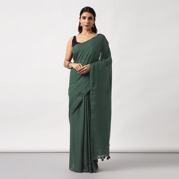 Kerala Calling - Dark Green Mulmul Cotton Saree with Tassels