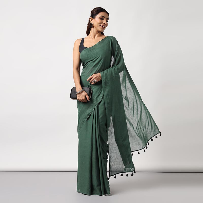 Kerala Calling - Dark Green Mulmul Cotton Saree with Tassels