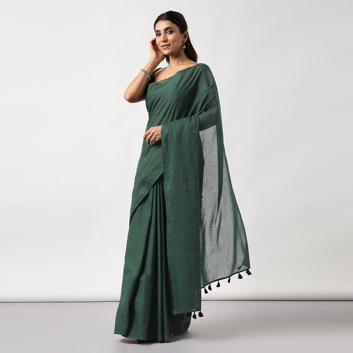 Kerala Calling - Dark Green Mulmul Cotton Saree with Tassels