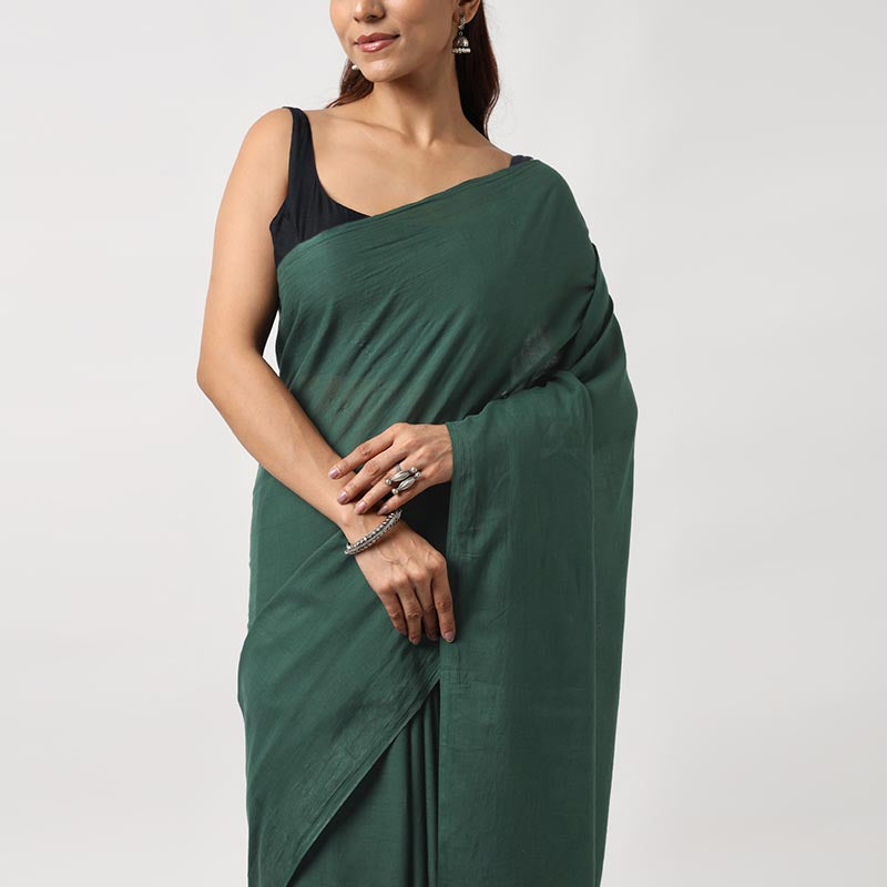 Kerala Calling - Dark Green Mulmul Cotton Saree with Tassels