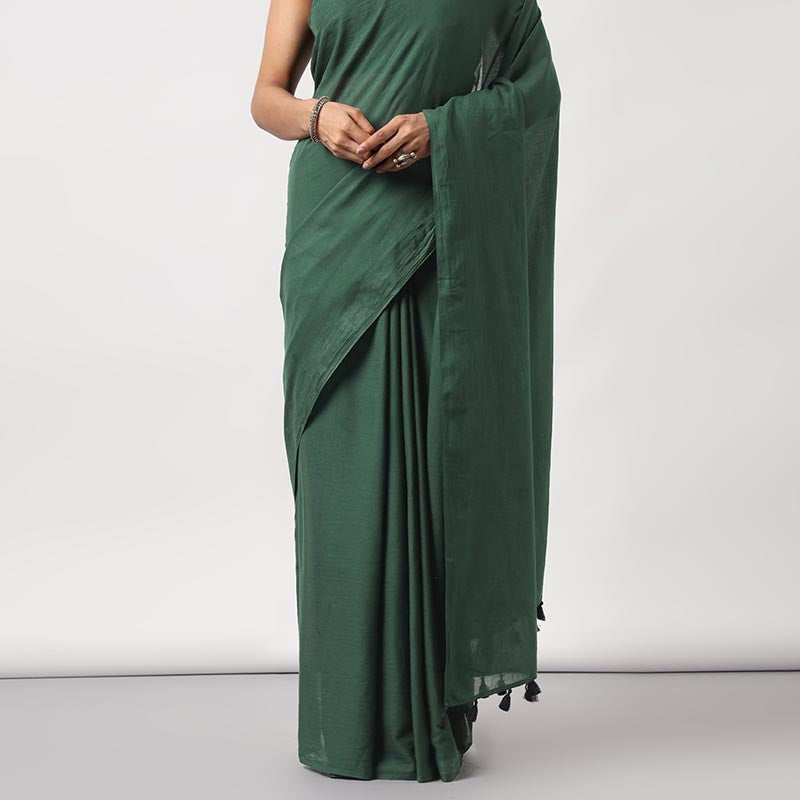 Kerala Calling - Dark Green Mulmul Cotton Saree with Tassels