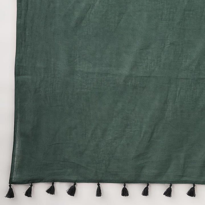 Kerala Calling - Dark Green Mulmul Cotton Saree with Tassels