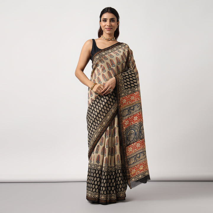 Ivory Embrace - Hand Block Print Chanderi Silk Saree