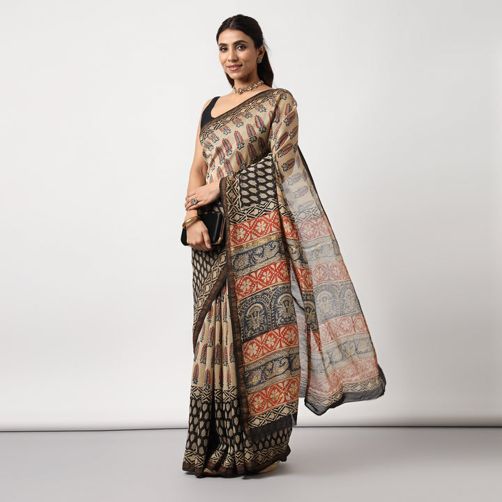 Ivory Embrace - Hand Block Print Chanderi Silk Saree