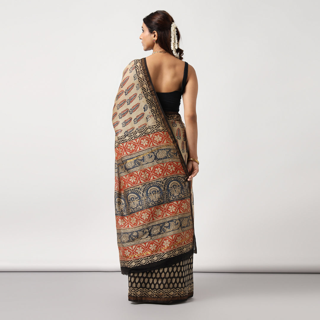 Ivory Embrace - Hand Block Print Chanderi Silk Saree