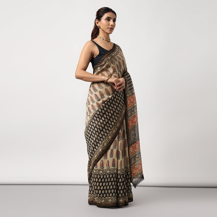 Ivory Embrace - Hand Block Print Chanderi Silk Saree