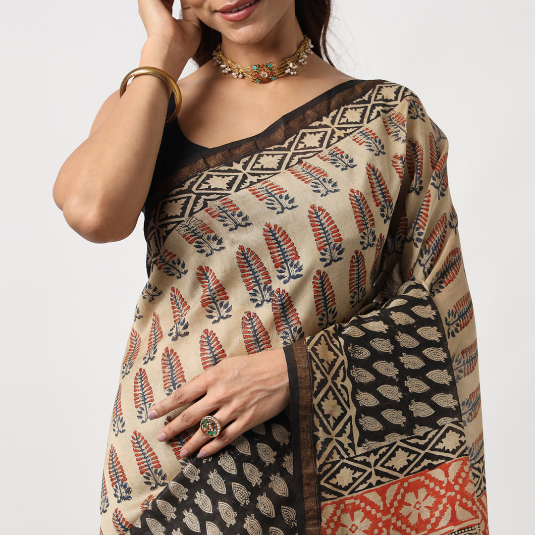 Ivory Embrace - Hand Block Print Chanderi Silk Saree